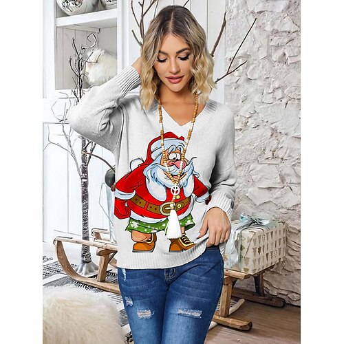 

Damen Hässlicher Weihnachtspullover Pullover V Ausschnitt Gerippt Stricken Polyester Strick Bedruckt Herbst Winter Standard Outdoor Weihnachten Festtage Täglich Stilvoll Brautkleider schlicht Langarm