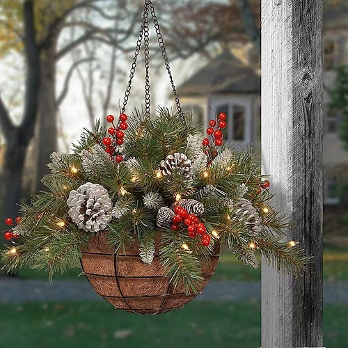

Рождественская подвесная корзина со светодиодной подсветкой, искусственная рождественская подвесная корзина для цветов с растениями, фруктами, сосновыми шишками, декор для входной двери, крыльцо,