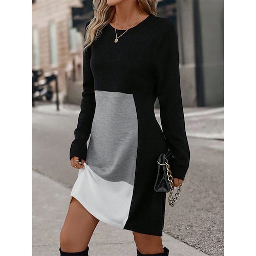 

Women's Sweatshirt Dress Casual Dress Mini Dress Warm Active Outdoor Going out Weekend Crew Neck Print Geometric Color Block Loose Fit Black Pink Red S M L XL XXL