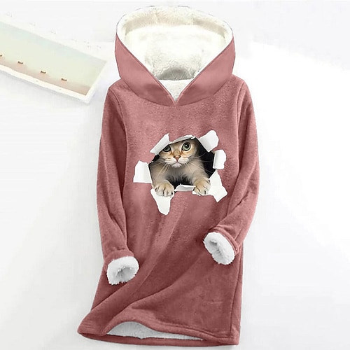 

Women's Hoodie Sweatshirt Pullover Sherpa Fleece Lined Cat Letter Casual Sports Print Black Yellow Pink Warm Fuzzy Hoodie Long Sleeve Top Micro-elastic Fall & Winter