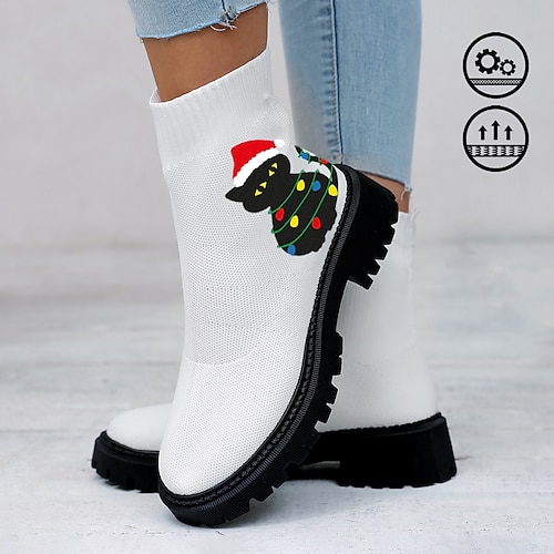 

Women's Boots Xmas Shoes Sock Boots Plus Size Christmas Daily Mid Calf Boots Flat Heel Round Toe Closed Toe Fashion Casual Comfort Tissage Volant Loafer White