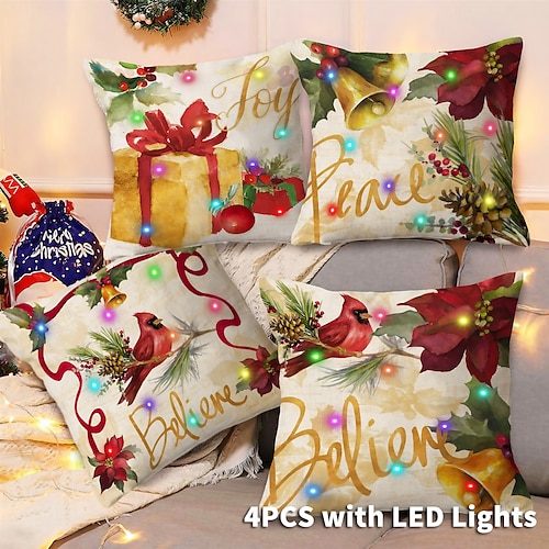 

Funda de almohada con luces LED navideñas, regalo de Navidad, 4 piezas, cojín cuadrado decorativo suave, funda de almohada para dormitorio, sala de estar, sofá, silla, calidad superior