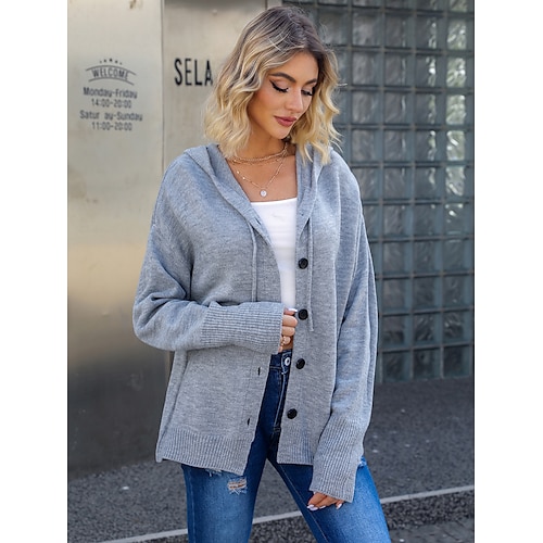 

Mujer Cárdigan Abrigo tipo cárdigan Con Capucha Estriado Tejer Poliéster Botón De Punto Otoño Invierno Regular Exterior Diario Noche Elegante Casual Suave Manga Larga Color puro Gris S M L