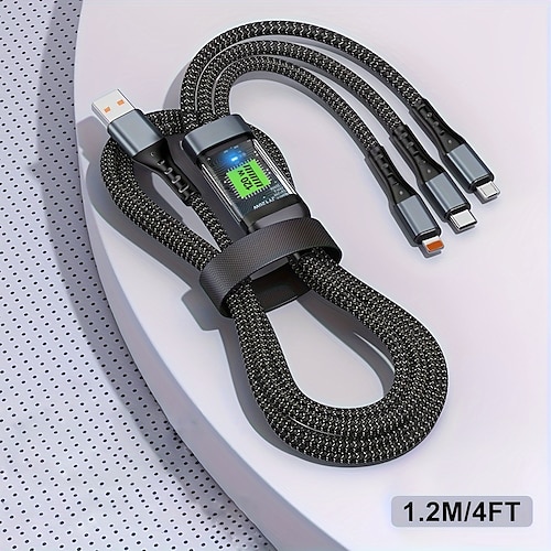 

3-in-1 100W Fast Charging Cable Smart Super Fast Charging Support Multi-Interface Charging USB Visual Power Charging Cable Compatible With Apple Samsung OPPO Car Fast Charging Cable