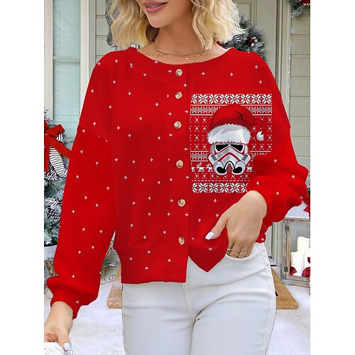 

Damen Hässlicher Weihnachtspullover Strickjacke Pullover Jacke Rundhalsausschnitt Gerippt Stricken Polyester Taste Strick Bedruckt Herbst Winter Kurz Outdoor Weihnachten Festtage Cool Täglich