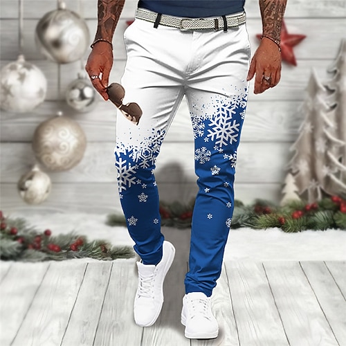 

В снежинку На каждый день Муж. 3D печать Рождественские штаны Брюки на открытом воздухе Для улицы На выход Полиэстер Винный Черный Синий S M L Нормальная Эластичность Брюки