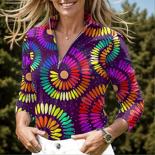 

Mulheres Camisa polo de caminhada Camisa de golfe Respirável Secagem Rápida Pavio Humido Manga Longa Vestuário de golfe Roupas de golfe Normal Zíper Colarinho Alto Geometria Primavera Outono Tênis