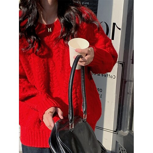

Damen Pullover Rundhalsausschnitt Gedrehtes Stricken Polyester überdimensional Herbst Winter Standard Outdoor Täglich Ausgehen Stilvoll Brautkleider schlicht Weich Langarm Feste Farbe Rosa Rote Beige