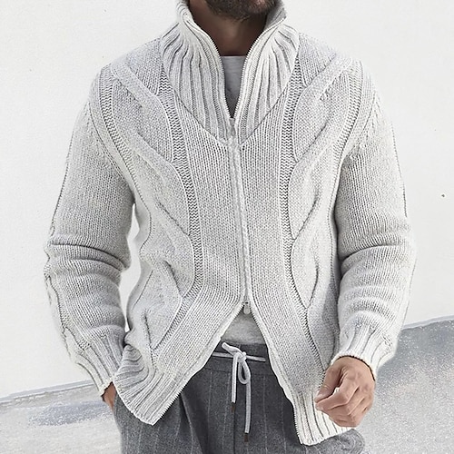 

Men's Cardigan Sweater Zip Sweater Cropped Sweater Cable Knit Regular Knitted Vintage Plain Stand Collar Warm Ups Modern Contemporary Daily Wear Going out Clothing Apparel Winter Black White M L XL