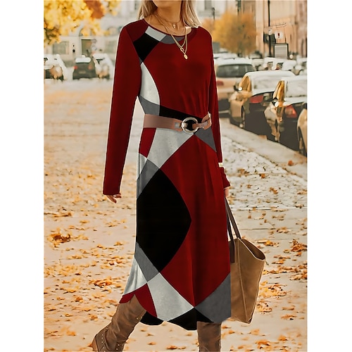 

Mulheres Roupa de inverno Vestido estampado Geométrica Bloco de cor Imprimir Com cinto Gola Redonda Vestido midi Moda Roupa de rua Ao ar livre Diário Manga Longa Ajuste Largo Vinho Azul Marron Outono