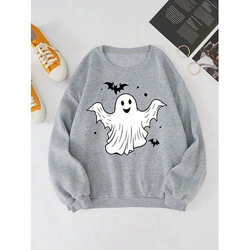 

Women's Halloween Sweatshirt Pullover Sports Festival Print Gray Graphic Halloween Casual Round Neck Long Sleeve Top Micro-elastic Fall Winter