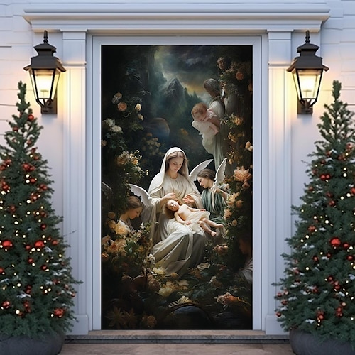 

Baptême de Noël Saint Maria Porte couvre décoration Noël toile de fond porte bannière pour porte d'entrée ferme Noël vacances fête décoration fournitures