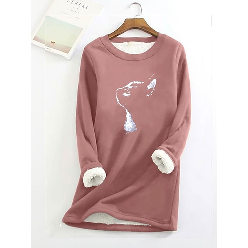 

Damen Sweatshirt Pullover Zur Seite fahren Innenfutter aus Fleece Katze Teddy Fuzzy Bedruckt Schwarz Gelb Rosa Casual Sport Rundhalsausschnitt Langarm Oberteil Mikro-elastisch Herbst Winter