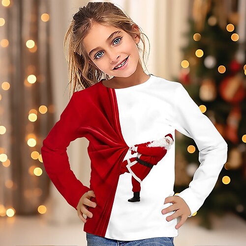 

Christmas Girls' 3D Santa Claus Tee Shirt Long Sleeve 3D Print Fall Winter Active Fashion Cute Polyester Kids 3-12 Years Crew Neck Outdoor Casual Daily Regular Fit