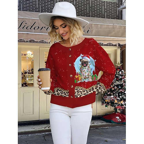 

Women's Ugly Christmas Sweater Cardigan Sweater Jacket Crew Neck Ribbed Knit Polyester Button Knitted Print Fall Winter Short Outdoor Xmas Holiday Daily Stylish Casual Long Sleeve Animal Leopard