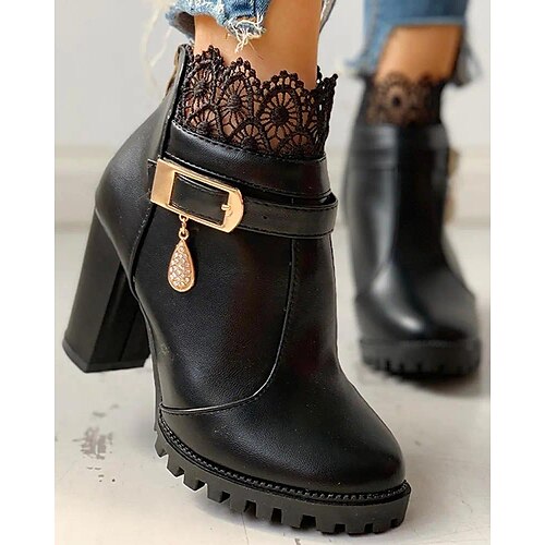 

Women's Boots Heel Boots Outdoor Daily Booties Ankle Boots Winter Rhinestone Chunky Heel Round Toe Fashion Elegant Casual PU Zipper Solid Color Black