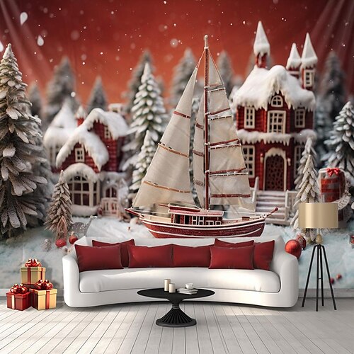 

Christmas Boat Hanging Tapestry Wall Art Xmas Large Tapestry Mural Decor Photograph Backdrop Blanket Curtain Home Bedroom Living Room Decoration