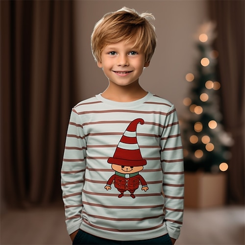 

Natal Para Meninos 3D Papai Noel Listra Camiseta Camisa Manga Longa Impressão 3D Outono Inverno Esportes Moda Roupa de rua Poliéster Infantil 3-12 anos Gola Redonda Ao ar livre Casual Diário Normal