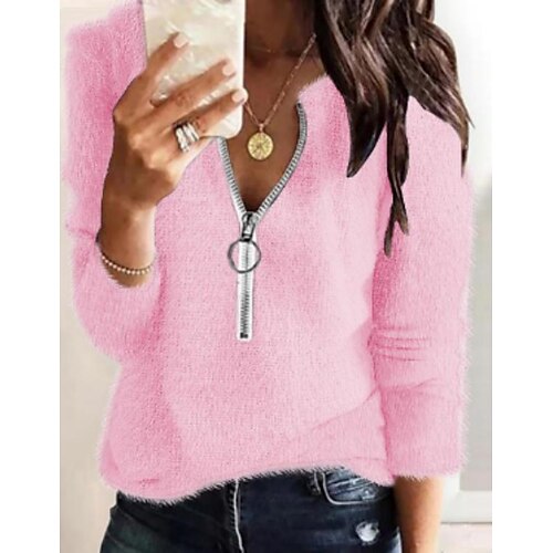 

Damen Sweatshirt Pullover Zur Seite fahren Vlies Teddy Fuzzy Viertel Postleitzahl Schwarz Weiß Rosa Feste Farbe Strasse Casual V Ausschnitt Langarm Oberteil Mikro-elastisch Herbst Winter