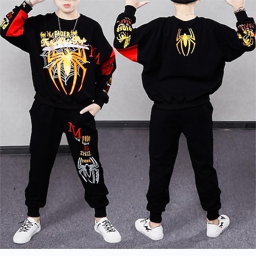 

2 Piezas Niños Chico Sudadera con capucha y Pantalones Vestimenta Graphic Letra Manga Larga Bolsillo Establecer Exterior Moda Fresco Primavera Otoño 7-13 años Negro