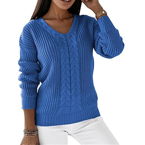 

Women's Pullover Sweater Jumper V Neck Cable Knit Polyester Patchwork Fall Winter Regular Outdoor Daily Going out Stylish Casual Soft Long Sleeve Solid Color Black Red Blue S M L
