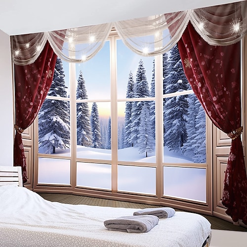 

Christmas Window Hanging Tapestry Wall Art Xmas Large Tapestry Mural Decor Photograph Backdrop Blanket Curtain Home Bedroom Living Room Decoration