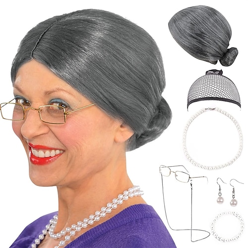 

6 Pcs School Grey Old Lady Wig Cosplay Costume Wig Set-Grandmother Wig Artificial Pearl Necklace Halloween Fancy Granny Costume Set