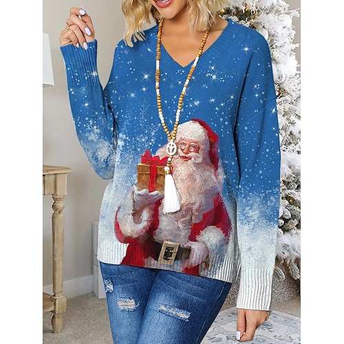 

Pull de Noël moche Pull Femme A côtes Tricoter Col V Polyester Tricoté Imprimer Automne Hiver Normal Extérieur Noël Vacances du quotidien mode Décontractées manche longue père Noël Bleu Roi Bleu S M L