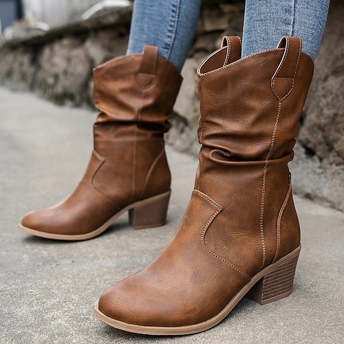 

Mujer Botas Zapatos de gamuza Botas holgadas Tallas Grandes Diario Botas a media pierna Invierno Talón de bloque Dedo redondo Vacaciones Vintage PU Mocasín Color sólido Negro Marrón