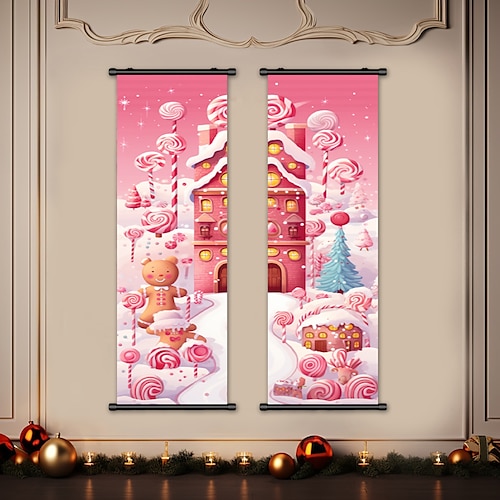

1pc affiche de noël avec cintres cour rose bonbons château mur art toile affiches art pour la maison salon décoration mur art décor