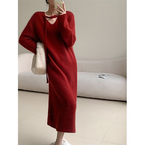 

Damen Pullover Kleid V Ausschnitt Gerippt Stricken Polyester überdimensional Herbst Winter Lang Outdoor Täglich Ausgehen Stilvoll Brautkleider schlicht Weich Langarm Feste Farbe Schwarz Weiß Rosa S M