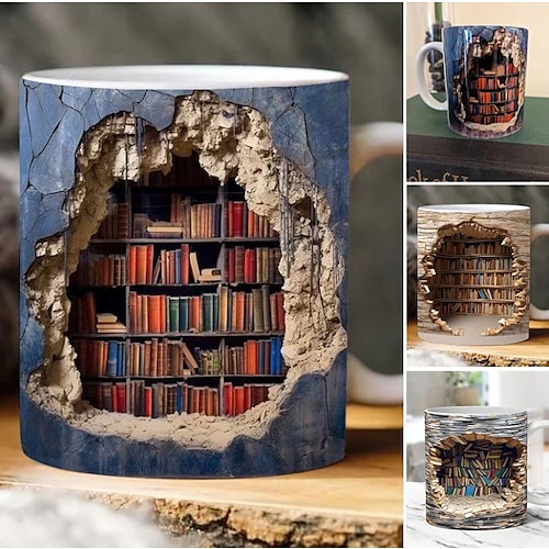 

3D Bookshelf Mug, Ceramic Mug, 3D Bookshelves Hole In A Wall Mug, Creative Space Design Multi-purpose Mug, Christmas Gift Xmas Gift