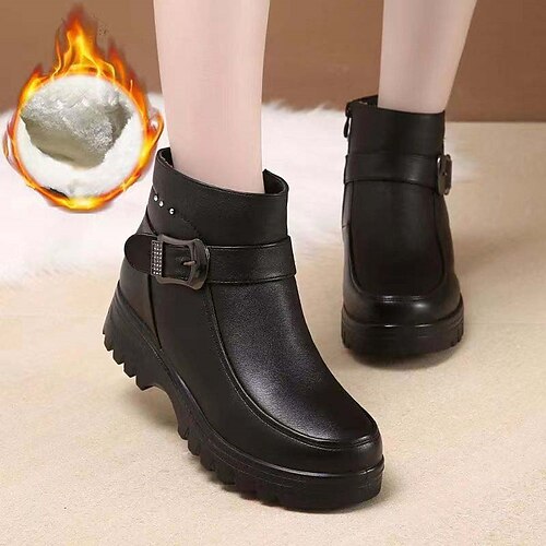 

Mujer Botas Botas con plataforma Botas de nieve Zapatos blandos Diario Botines Botines Pedrería Tacón Plano Dedo redondo Felpa Confort Minimalismo Cuero Sintético Cremallera Color sólido Negro