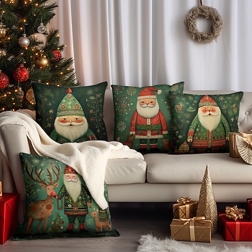 

Décorations de Noël Housse de coussin double face 4 pièces Taie d'oreiller carrée décorative douce pour chambre à coucher, salon, canapé, chaise, arbre du Père Noël, flocons de neige