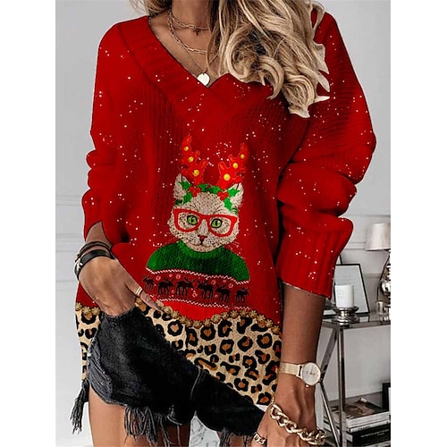 

Suéter feminino feio de natal pulôver suéter gola v malha canelada poliéster tricotado estampado outono inverno regular ao ar livre natal feriado diário elegante casual manga longa papai noel vinho