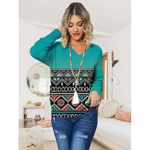 

Damen Pullover V Ausschnitt Gerippt Stricken Polyester Strick Bedruckt Herbst Winter Standard Outdoor Täglich Ausgehen Vintage Ethnischer Stil Langarm Geometrisch Farbblock Weiß Blau S M L