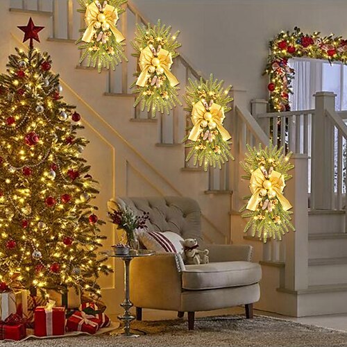 

Cordless Prelit Stairs Decoration Lights Up Christmas LED Wreath, Artificial Pine Cone Berry Wall Christmas Wreath Indoor Outdoor Xmas Family Holiday Decoration (without 22A Battery)