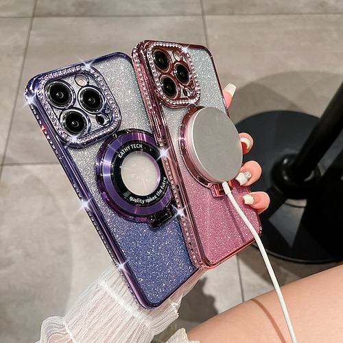 

teléfono Funda Para iPhone 15 Pro Max Plus iPhone 14 13 12 11 Pro Max Plus Funda Trasera con Soporte Soporte de carga inalámbrica Brillo ostentoso brillante TPU