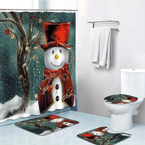 

Golden Snowman Christmas Shower Curtain, 3pcs Non-Slip Mat and Toilet Seat Cover - Perfect for Winter Bathroom Decor Christmas Decorations Thanksgiving Gift 2023