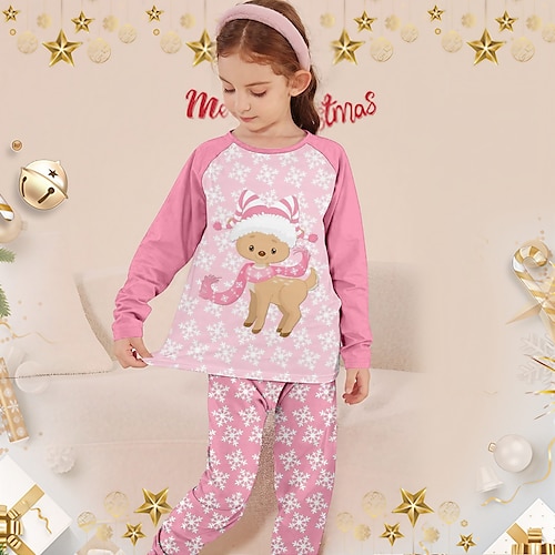 

Christmas Girls' 3D Elk Pajama Set Long Sleeve 3D Print Fall Winter Active Fashion Cute Polyester Kids 3-12 Years Crew Neck Home Causal Indoor Regular Fit