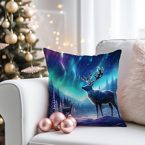 

Capa de almofada dupla face de rena de natal aurora 1 peça de almofada quadrada decorativa macia de natal fronha para quarto sala de estar sofá cadeira