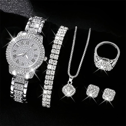 

Luxury Rhinestone Quartz Watch Hiphop Fashion Analog Wrist Watch 6pcs Jewelry Set Gift For Women Her