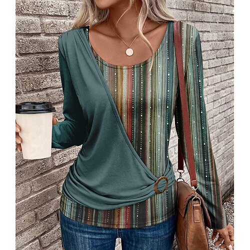 

Women's T shirt Tee Striped Blue Green Khaki Print Long Sleeve Daily Weekend Fashion Round Neck Regular Fit Spring Fall