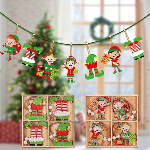 

12 piezas de decoraciones navideñas, figura de elfo de madera colorida, colgante, accesorios para árbol de Navidad.