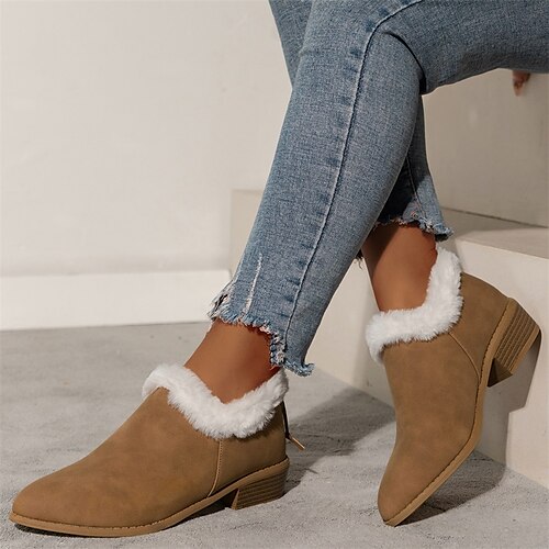 

Women's Boots Plus Size Daily Fleece Lined Booties Ankle Boots Block Heel Chunky Heel Pointed Toe Plush Casual Comfort PU Zipper Brown Khaki