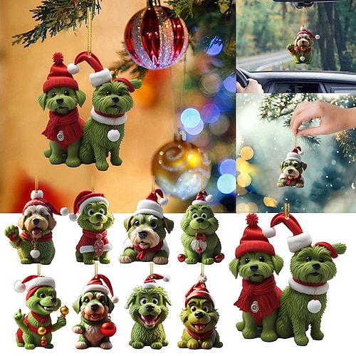 

Bonito engraçado cão verde pingentes de natal enfeites de suspensão de natal, ornamento de suspensão de natal grinches 2d acrílico decoração da árvore de natal pingentes