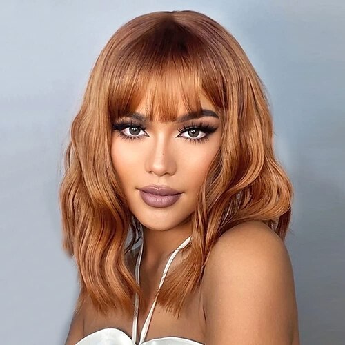 

Pelucas cortas onduladas de bob para mujer, peluca corta de color rubio miel con flequillo, pelucas sintéticas onduladas rizadas y rizadas para cosplay, pelucas resistentes al calor para fiestas de
