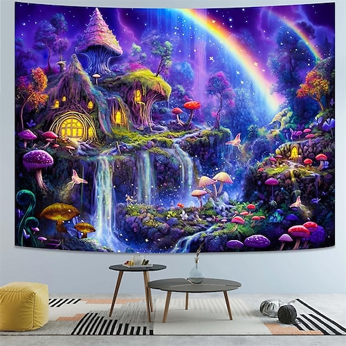 

Fantasy-Haus, Schwarzlicht-Wandteppich, UV-reaktives Leuchten im Dunkeln, trippy Naturlandschaft, hängender Wandteppich, Wandkunst-Wandbild für Wohnzimmer, Schlafzimmer