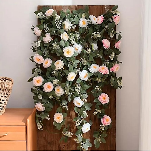 

2 guirnaldas de eucalipto con rosa de 175 cm, ratán de peonía con fruta, guirnalda verde a granel de seda artificial floral hojas de eucalipto enredaderas para boda fiesta mesa manto pared decoración de la habitación del hogar