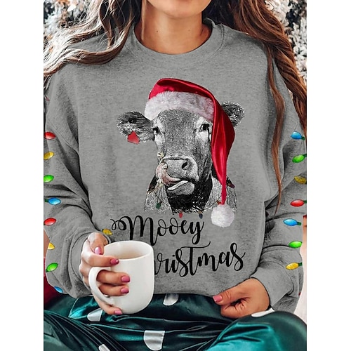 

Damen Zur Seite fahren Weihnachts -Sweatshirt Sportbekleidung Lustig Festival Grau Graphic Party Weihnachten Rundhalsausschnitt Langarm Oberteil Mikro-elastisch Herbst Winter